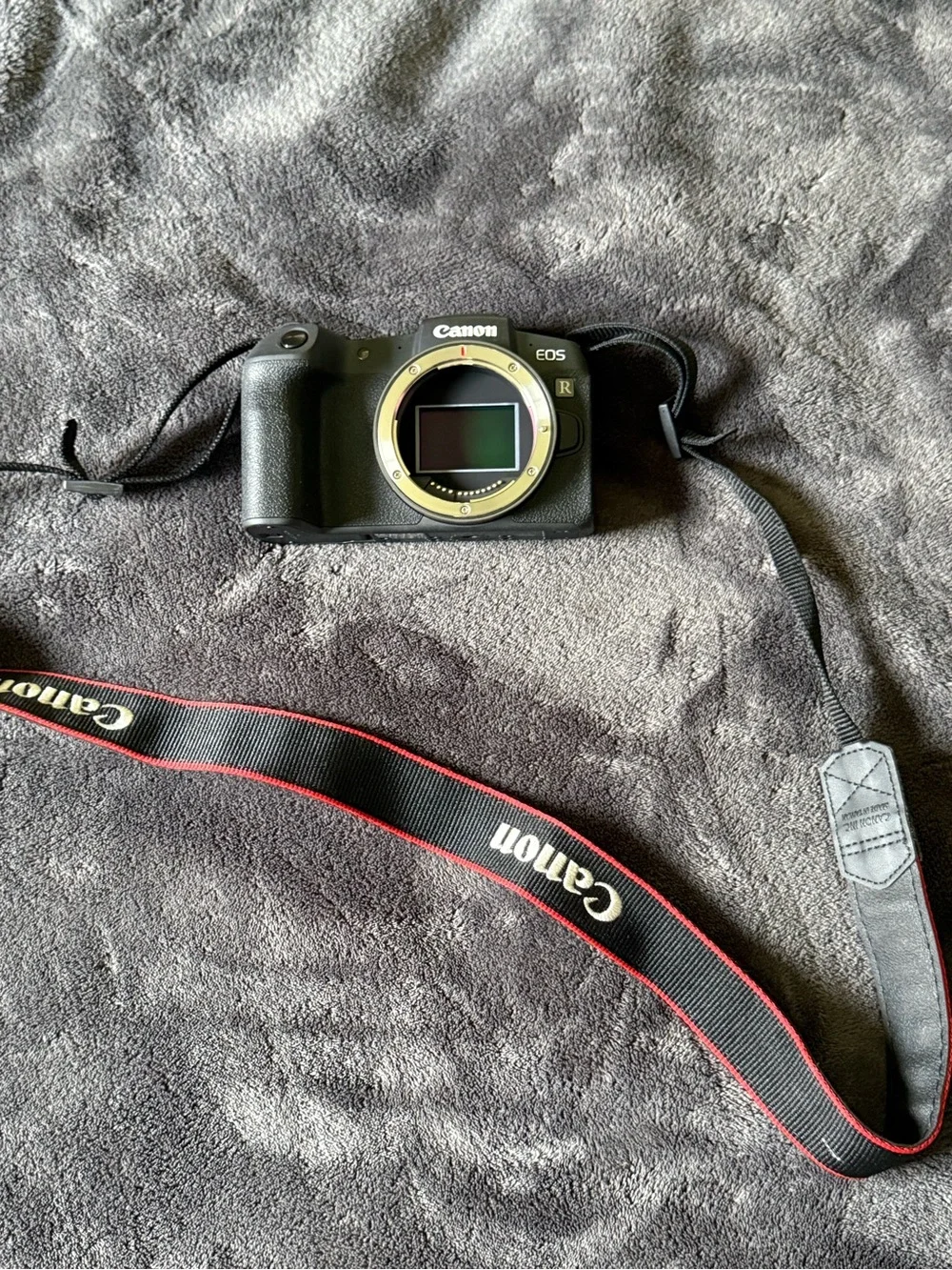 Canon EOS R Mirrorless Camera Body in Black with Red-Trim Strap
